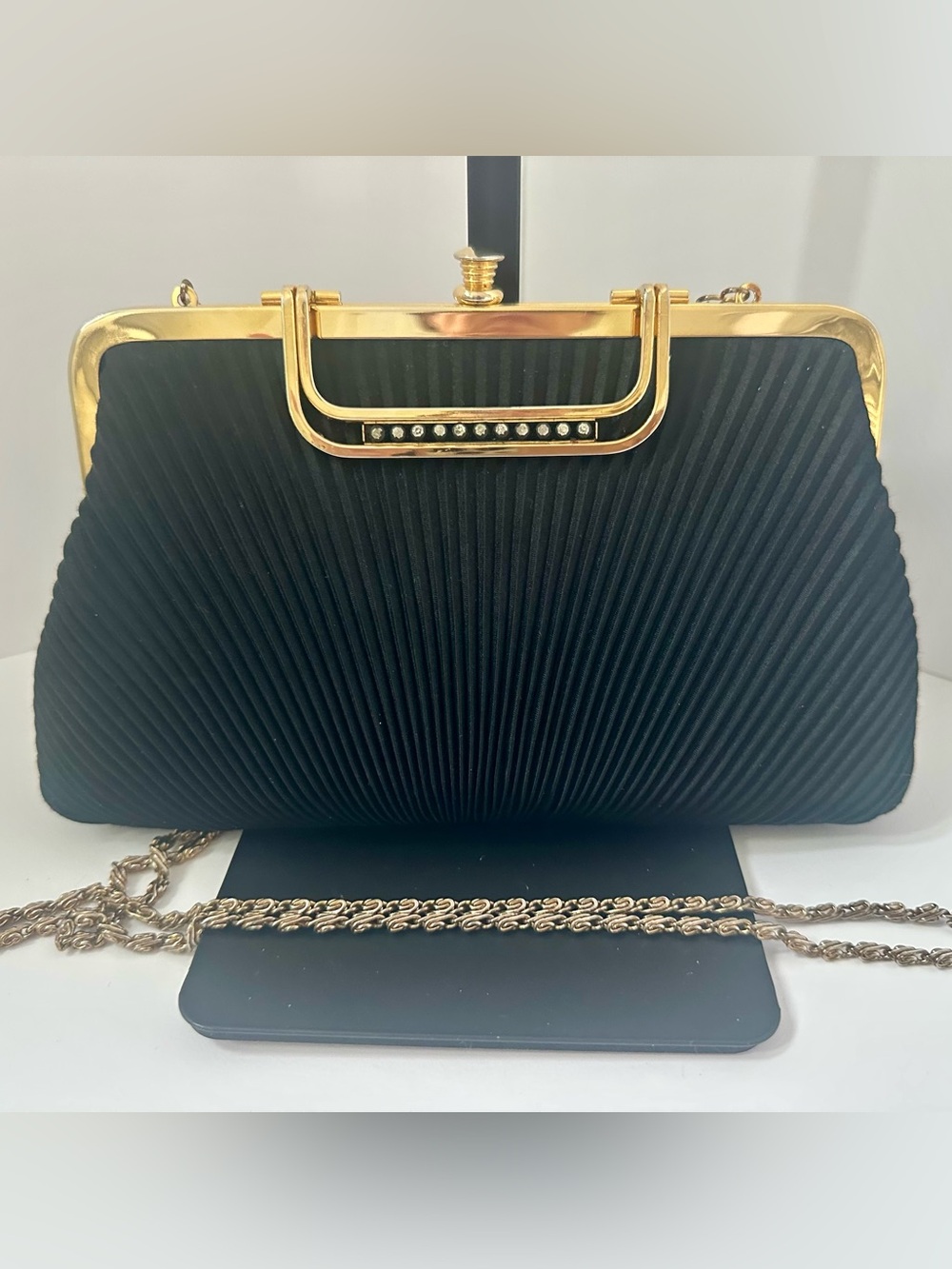 Vintage Black Pleated Gold Frame Clutch 1960’s Chain Strap Rhinestone Accent GUC